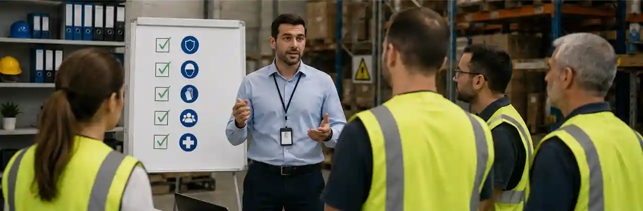 ממונה בטיחות מסביר למנהל וצוות עובדים על מפגעים ותוכנית עבודה